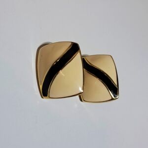 Vintage Retro Gold Black Cream Enamel Stud Earrings